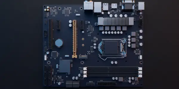 A blue computer motherboard lies flat against a dark background, illuminated to highlight its components and circuitry