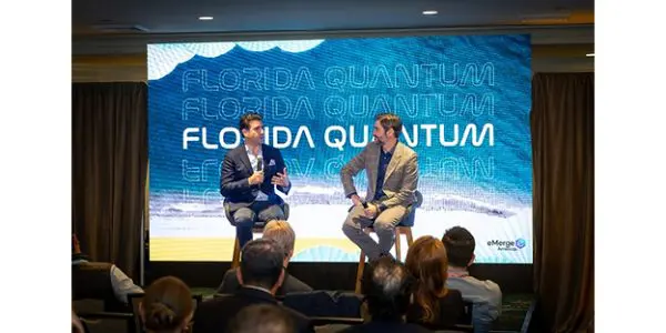 Matt Cimaglia and Tony Jimenez speak during the Florida Quantum announcement at eMerge Americas’ Tech Basel event in Cor