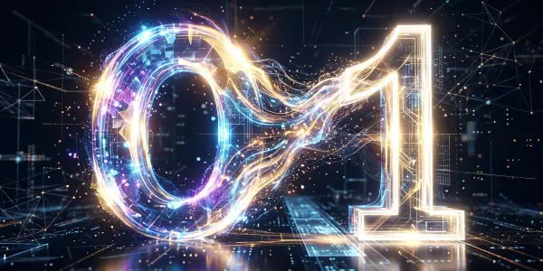 Zero and one rendered in ribbons of light