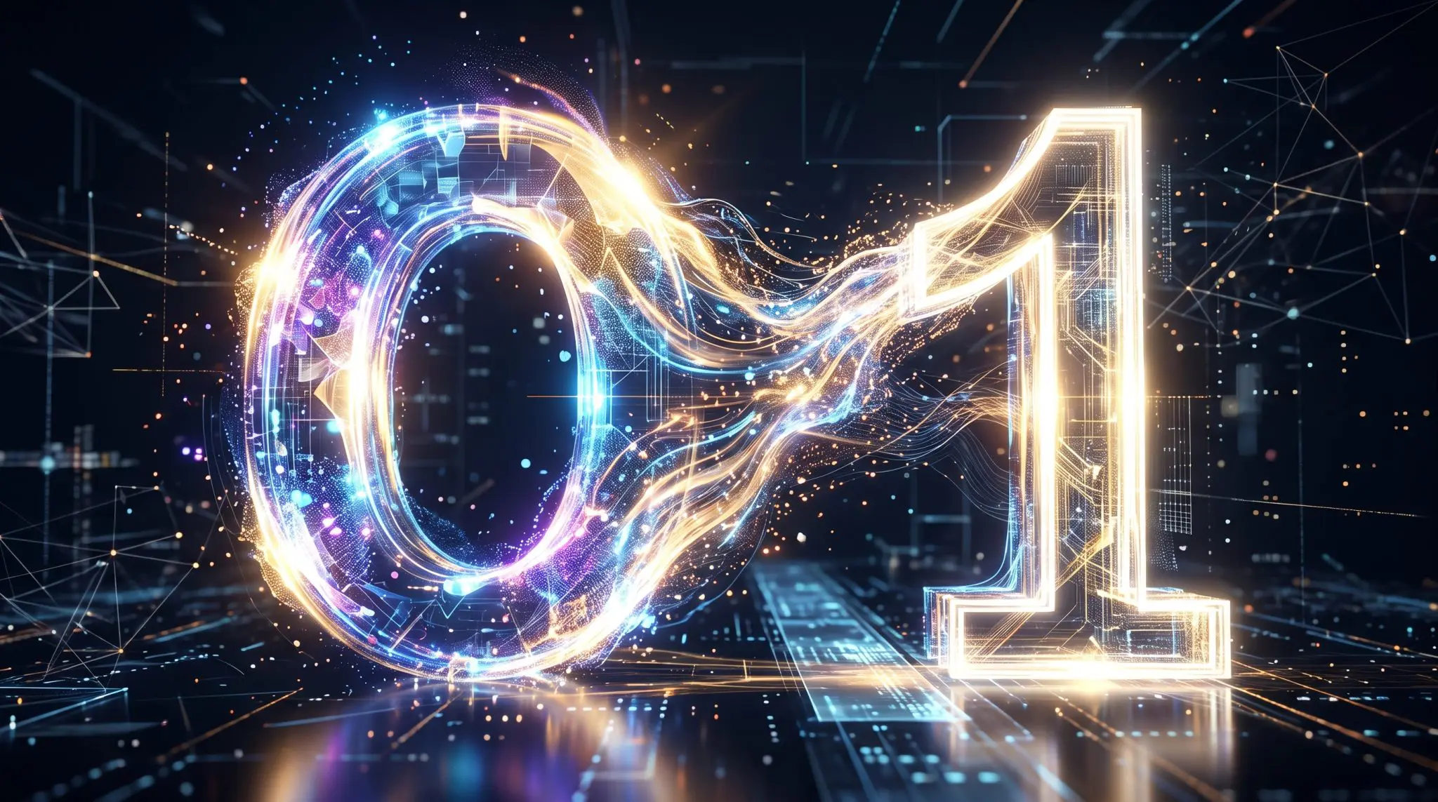 Zero and one rendered in ribbons of light