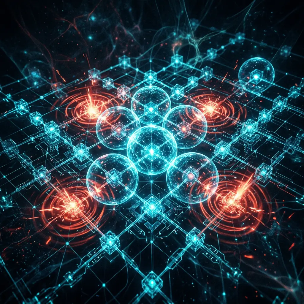 Lattice of glowing nodes connected by entangled links