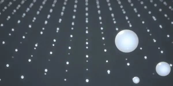 A dark background features glowing white spheres and vertical lines of light, creating a futuristic, abstract composition.