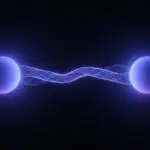 Two glowing purple orbs are connected by a wavy, luminous line against a dark, black background