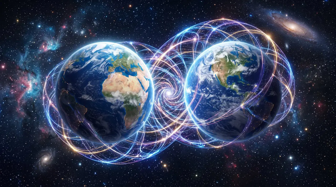 Two planets linked by streams of light