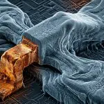 A transistor gate structure in electron-micrograph grey and gold