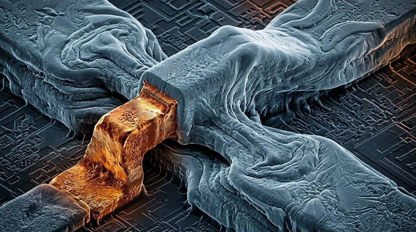 A transistor gate structure in electron-micrograph grey and gold