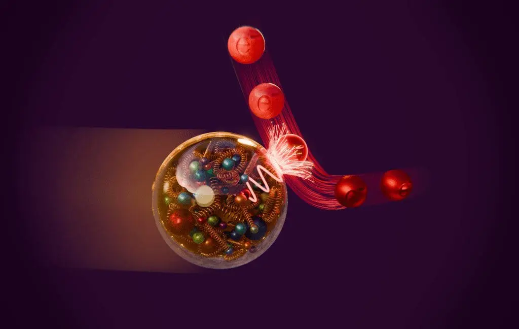 Data from past proton-electron collisions provide strong evidence of entanglement among the proton's sea of quarks (spheres) and gluons (squiggles), which may play an important role in their strong-force interactions. (Valerie Lentz/Brookhaven National Laboratory)