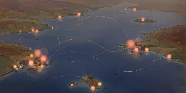 An illustrated map of a coastal area with glowing nodes connected by curving lines, rendered in muted blues, browns, and oranges.