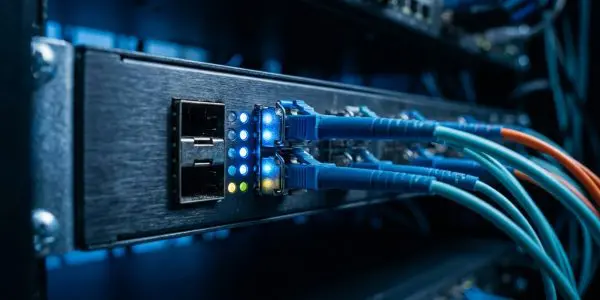 A server rack glows with blue and green indicator lights, connected by multiple fibre optic cables in a dark data centre.