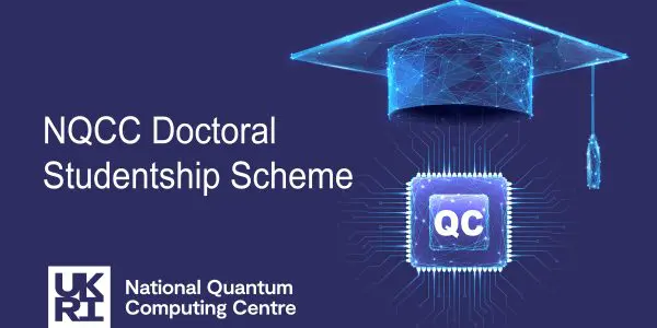 A digital graduation cap with glowing blue circuits sits atop a dark background, representing a doctoral scholarship.