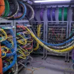 A server room is filled with racks of network equipment and a tangle of brightly coloured ethernet cables.