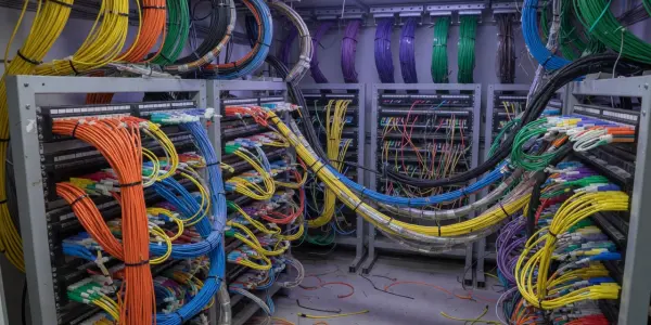 A server room is filled with racks of network equipment and a tangle of brightly coloured ethernet cables.