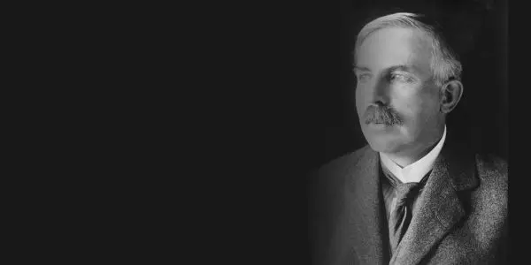 Ernest Rutherford in a Library of Congress portrait, cropped and extended to landscape, the physicist who discovered the atomic nucleus