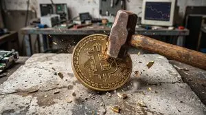 An enormous hammer strikes a Bitcoin logo shattering it across a concrete worktop in a dimly lit workshop.