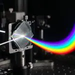 Flat patterned lens in an optical mount splitting a white beam into a curving rainbow