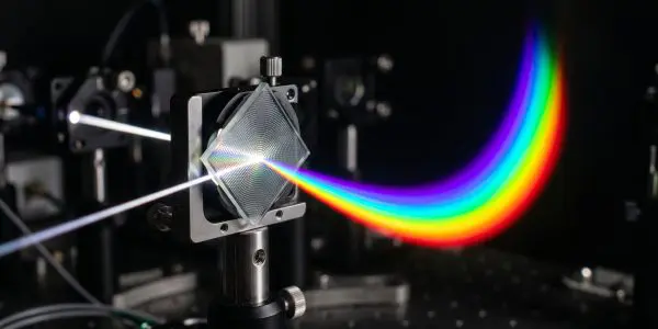 Flat patterned lens in an optical mount splitting a white beam into a curving rainbow