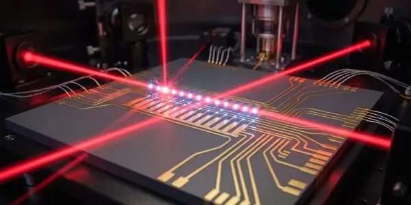 A chain of trapped ions lit by red lasers