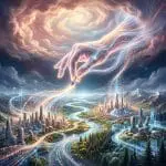 Ethereal hand brushing glowing cities into existence