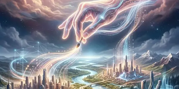 Ethereal hand brushing glowing cities into existence