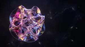 A complex, iridescent geometric sphere floats against a backdrop of a dark, starry space with swirling nebulae.