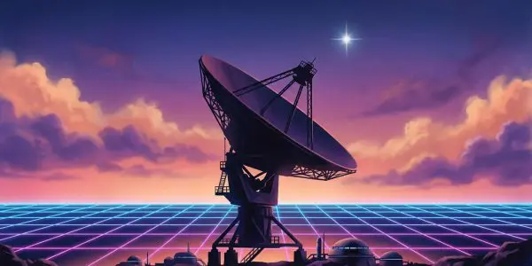 A satellite dish silhouetted against a pastel sunset