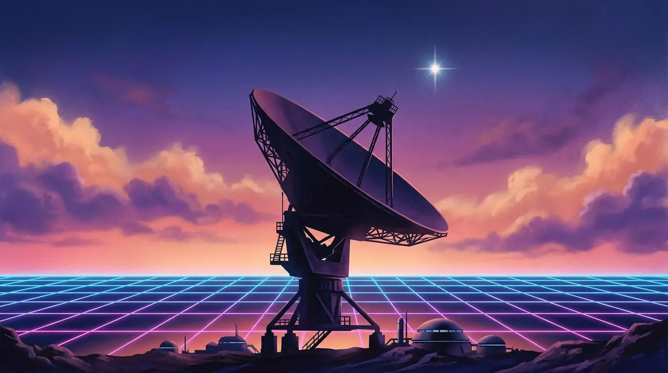 A satellite dish silhouetted against a pastel sunset