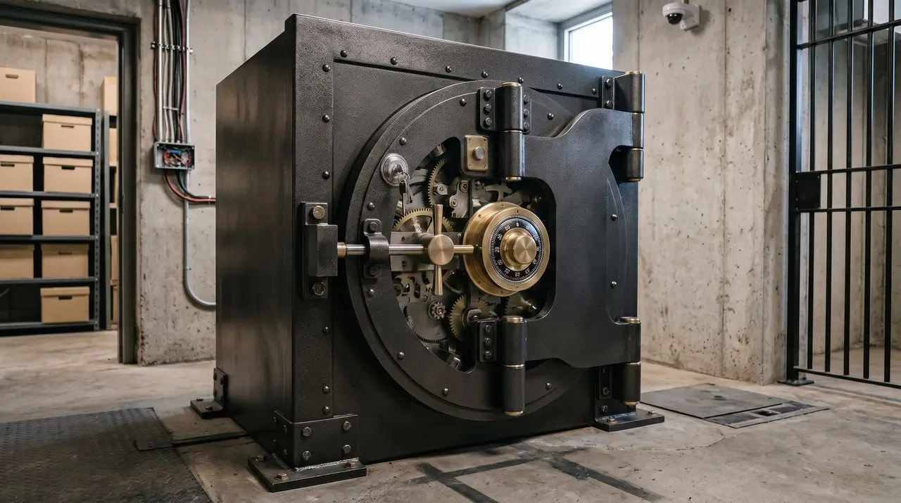 A large, ornate, dark metal safe dominates the scene within a concrete room with grey walls and a dark floor.