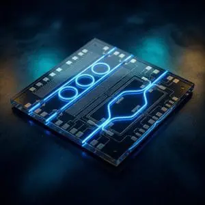 A transparent microchip rests on a dark, textured surface illuminated with vibrant blue and golden light, creating a futuristic effect.