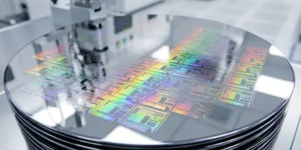 Stack of silicon wafers, the top one patterned with rainbow-reflecting chip dies