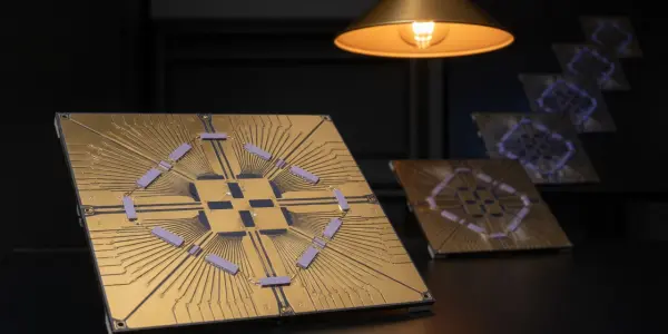 Golden circuit boards with intricate patterns are lit by a warm lamp on a dark surface, creating a futuristic scene.