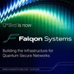 A dark background features a vibrant, undulating green and blue wave pattern overlaid with text promoting Falcon Systems’ quantum network infrastructure.