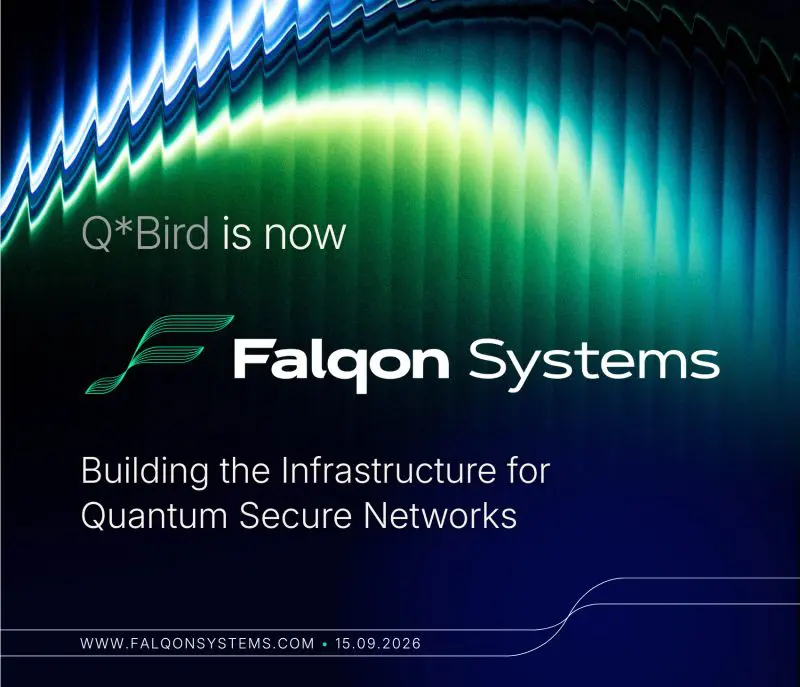 A dark background features a vibrant, undulating green and blue wave pattern overlaid with text promoting Falcon Systems’ quantum network infrastructure.