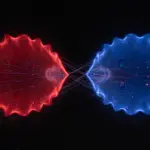 A digitally rendered scene of two glowing, irregularly shaped clouds of red and blue energy facing each other against a black background.