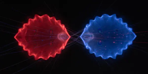 A digitally rendered scene of two glowing, irregularly shaped clouds of red and blue energy facing each other against a black background.