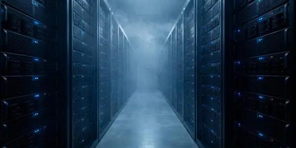 An aisle between two walls of dense server racks