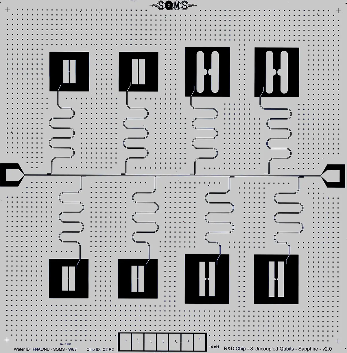 This superconducting transmon chip is 7.5mm x 7.5mm and contains eight qubits. SQMS researchers fabricate these chips at
