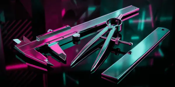 Precision instruments rest on a reflective surface, illuminated by vibrant pink and teal lighting in a dark setting