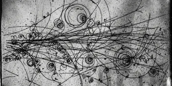 A monochrome photograph displays swirling lines and circular patterns on a textured, dark grey surface, resembling a scientific record