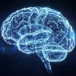 A point-lattice brain against a blue nebula
