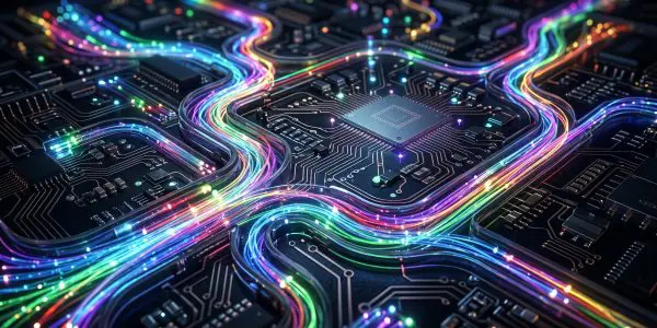 A complex circuit board glows with vibrant, multicolored light trails, representing digital connectivity and technological innovation.