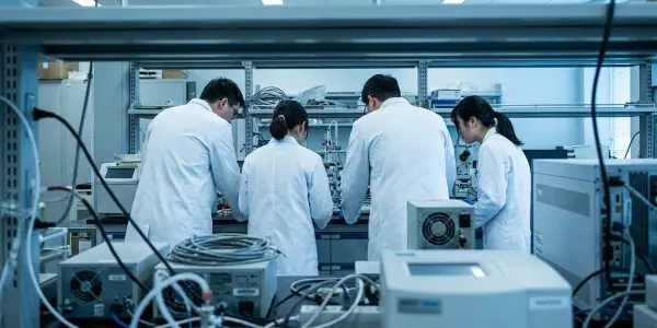 Researchers gathered around laboratory equipment