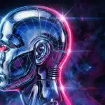 A sleek, futuristic robotic head with glowing neon lines faces forward against a dark, starry background with vibrant pink and blue hues.