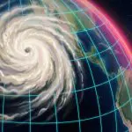 A hurricane seen from orbit over a gridded Earth