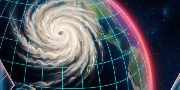 A hurricane seen from orbit over a gridded Earth