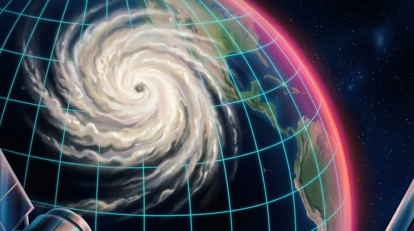 A hurricane seen from orbit over a gridded Earth