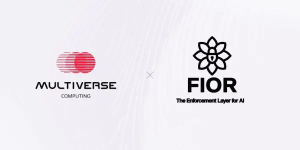 The image displays the logos of Multiverse Computing and Fior, set against a white gradient background with black accents.