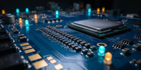 A processor on a blue board among glowing indicators