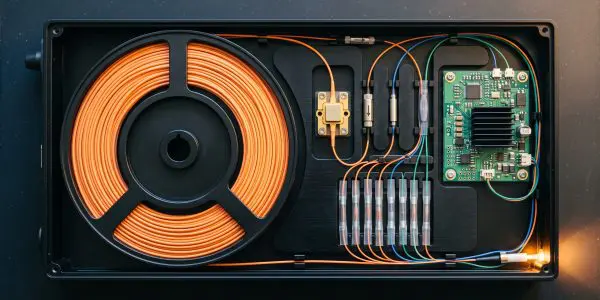 A large orange fibre spool inside an instrument enclosure