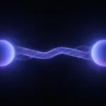 Two glowing spheres joined by a woven filament of light