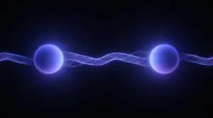 Two glowing spheres joined by a woven filament of light